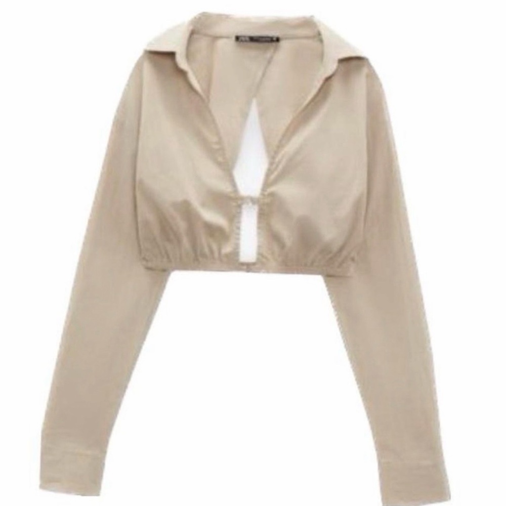New Zara Cropped Long Sleeve Collar Shirt In Nude Cream Size Small - Picture 9 of 10